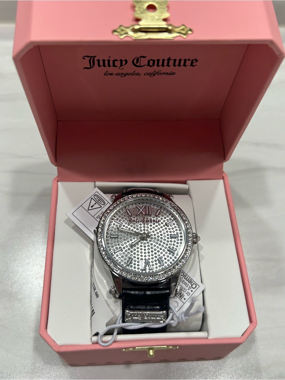 Juicy Couture Silver Crystal Dial Watch with Black Strap in Pink Box - Picture 4 of 6